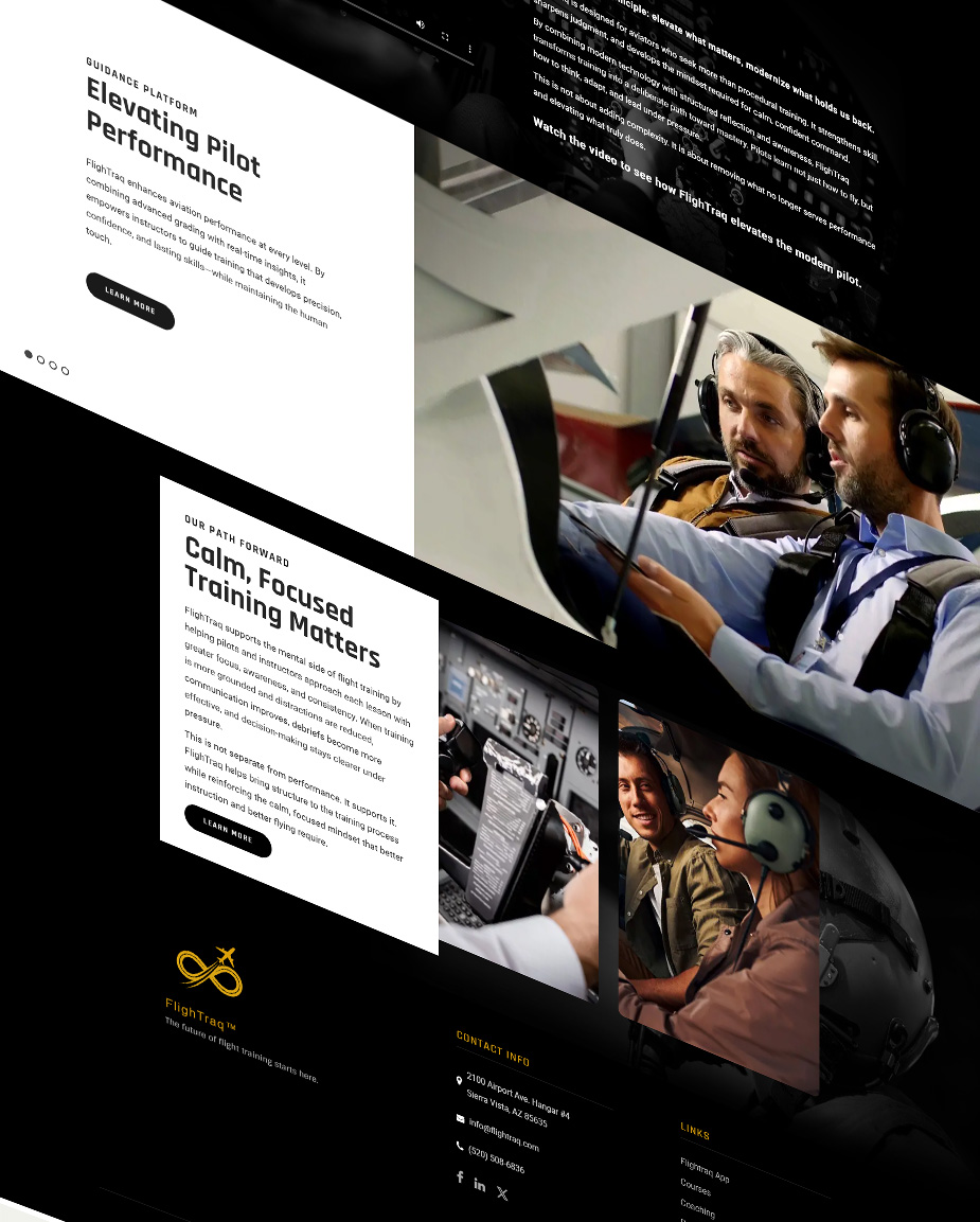 Collage-style hero showing a flight training website with multiple white text panels and a cockpit photo on a black background.