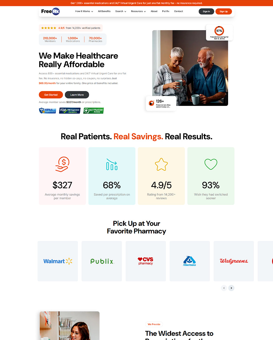 Hero section of a healthcare savings page: bold headline 'We Make Healthcare Really Affordable' with an image of an elderly couple chatting over mugs on the right and a 'Get Started' button nearby.