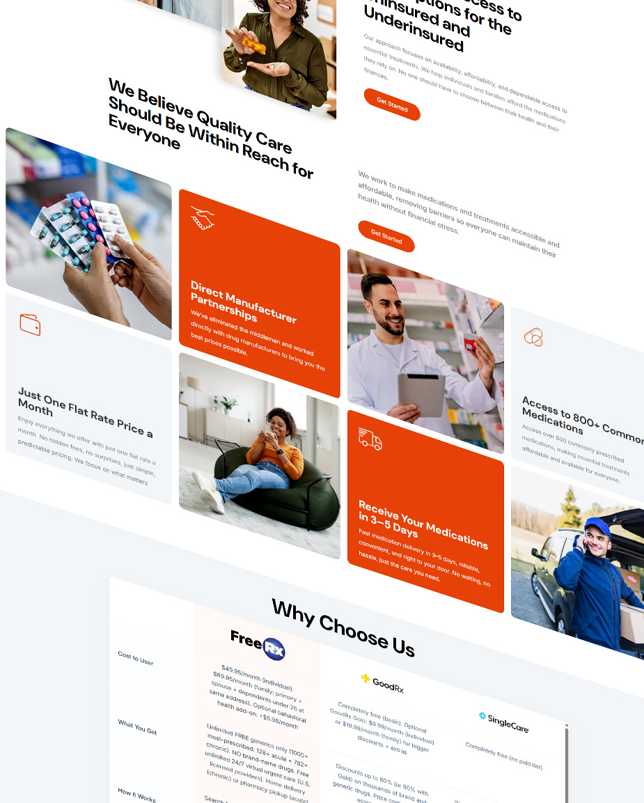 Diagonal collage of a healthcare landing page with multiple info cards, photos, and an orange 'Direct Manufacturer Partnerships' card about medication services.