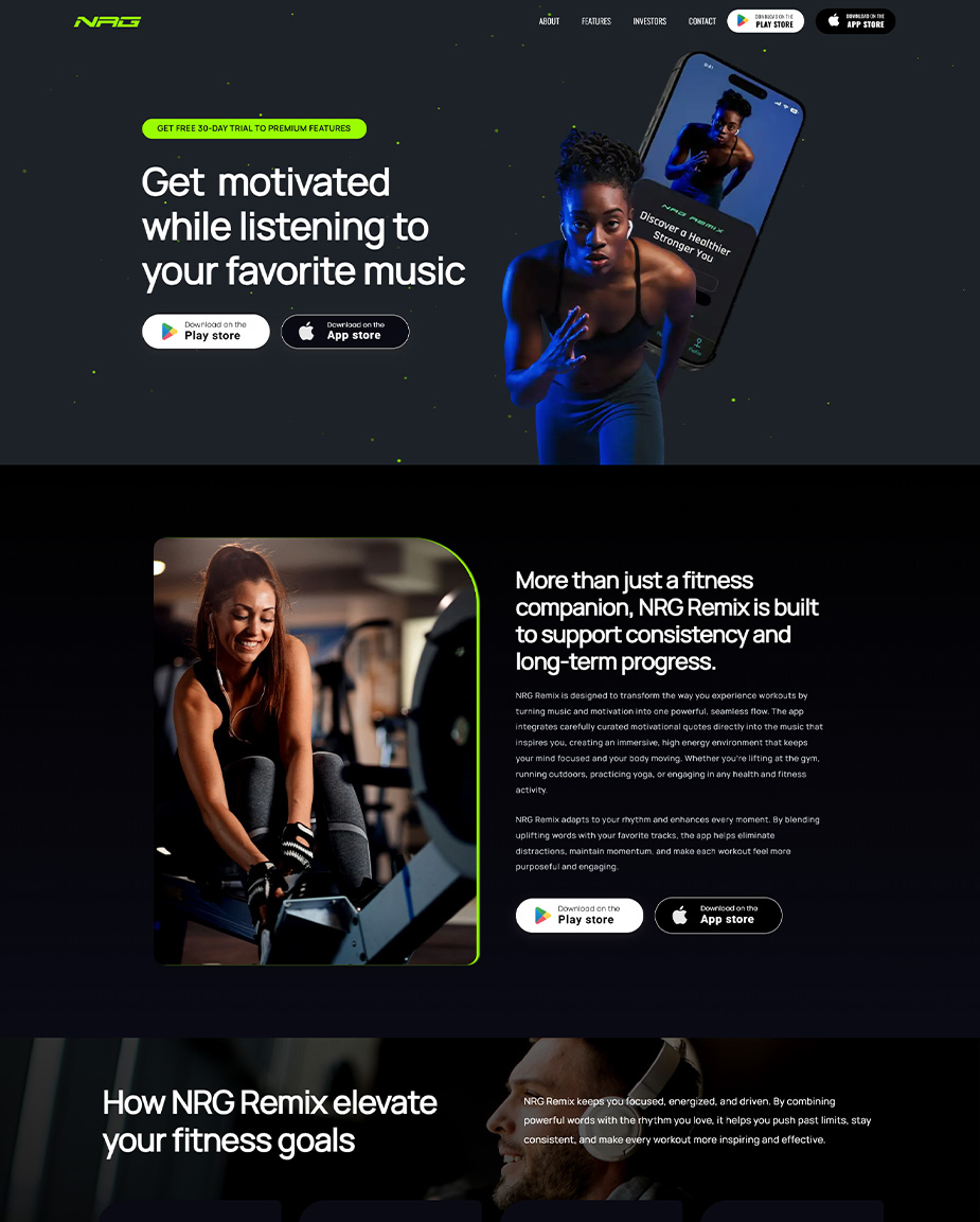 Hero section of a dark fitness app landing page with a woman exercising and a large smartphone screen showing the app