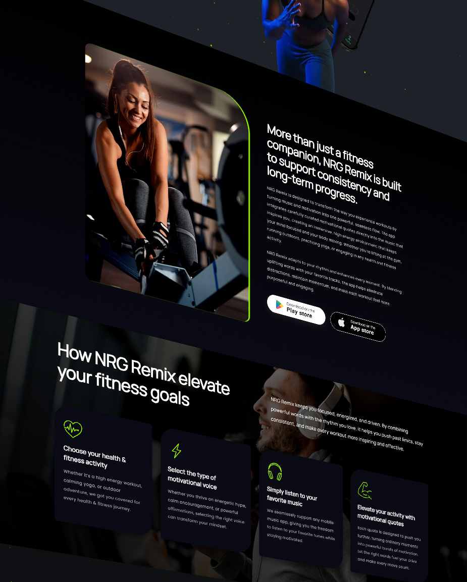 Dark fitness app homepage hero: woman rowing on the left with bold white copy about NRG Remix on the right and app-store badges below.