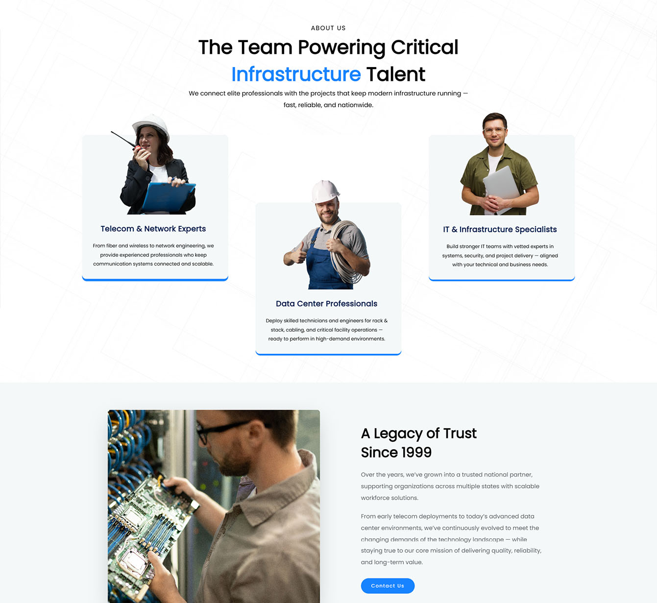 Hero section announcing infrastructure talent team with three service cards: Telecom & Network Experts, Data Center Professionals, IT & Infrastructure Specialists, plus a subtitle about connecting elite professionals.