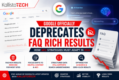 Infographic banner: announces Google's deprecation of FAQ rich results with bold red/blue text and KallistoTech branding on a tech-themed background.