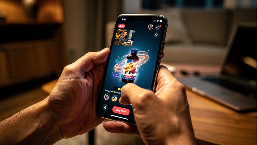 Hands holding phone during live commerce shopping session