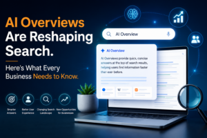 Infographic promoting AI Overviews reshaping search; laptop with floating AI overview card and search icons in blue glow.