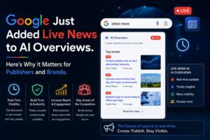 Promotional graphic showing Google’s AI news hub with 'Live News' labels and a mock news feed on the right side of the screen.