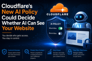 Banner announcing Cloudflare's New AI Policy: could decide whether AI can see your website, with a shield, AI robot, and a browser window image to imply control of access.