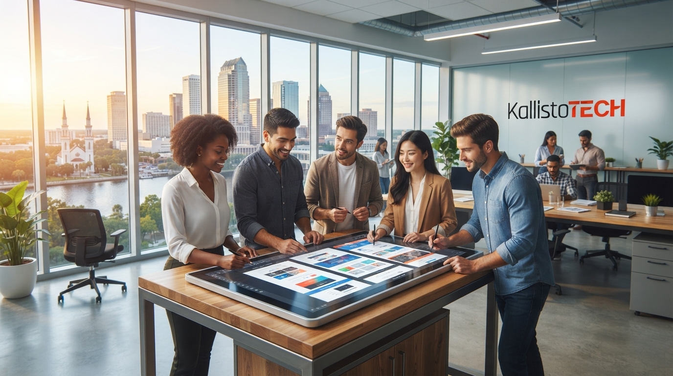 A modern team brainstorming a website layout on a whiteboard in a Tampa office