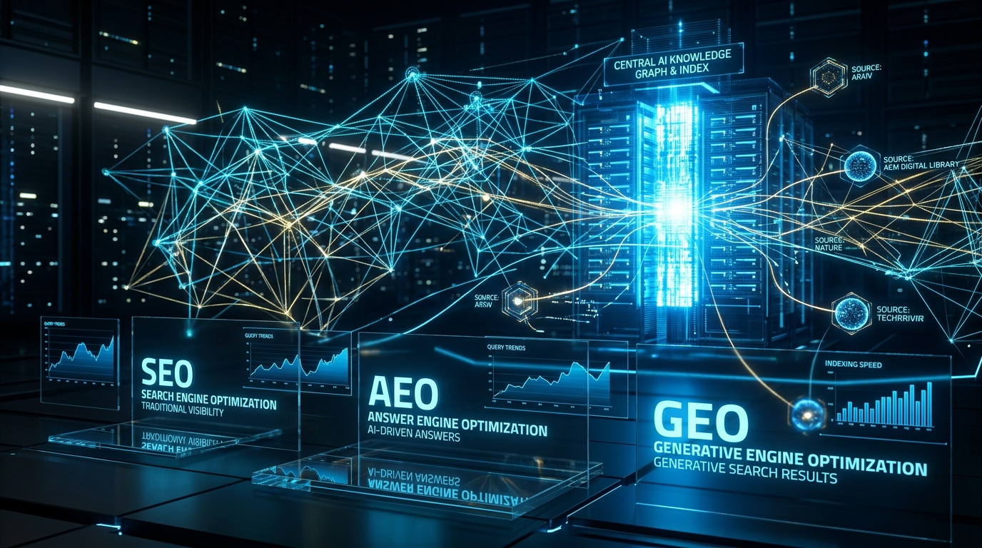 A technical infographic displaying SEO, AEO, and GEO optimization frameworks mapping to a central AI knowledge graph index server.